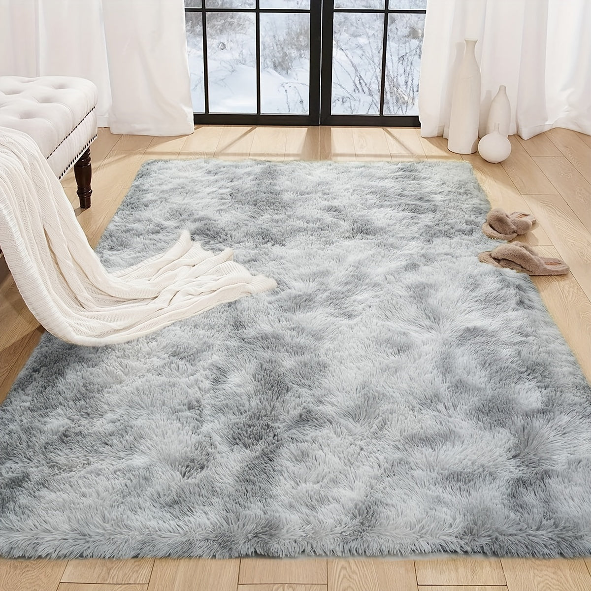 1pc Alfombra de felpa de cachemira sintética teñida de gris claro, alfombra de suelo grande suave y cómoda, alfombra cuadrada de limpieza en seco para sala de estar y sofá, alfombra duradera y que no se desprende para los lados de la cama del dormitorio