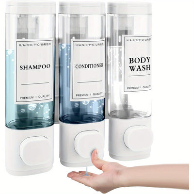 1 dispensador de jabón de pared, libre de ftalatos, tres en uno, no eléctrico, material plástico ABS, no requiere taladrar, con funciones de gel de ducha, champú y acondicionador, para baños, cocinas, mercados, hoteles, restaurantes.