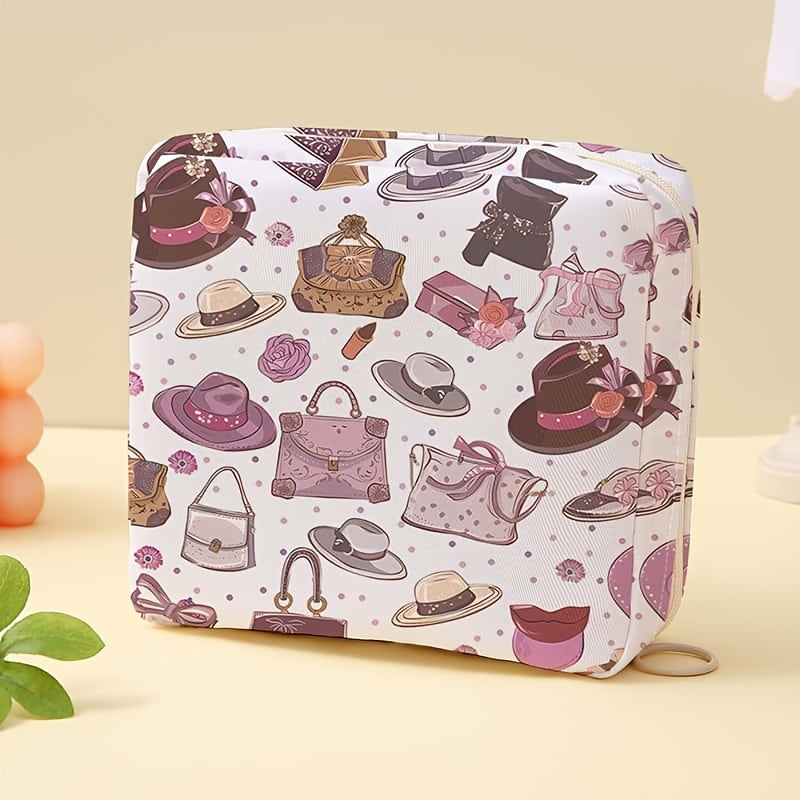 1pc Bolsa Sanitaria de Gran Capacidad con Estampado de Sombrero y Caramelo - Organizador Ligero y Duradero de Poliéster Multifuncional para Accesorios de Viaje, Maquillaje y Esenciales Femeninos (Colores Mixtos), Diseño Divertido