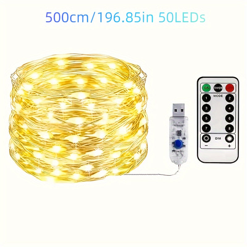 1 pza. Luces de alambre plateadas de 8 funciones USB, luces de cadena de hadas de alambre de cobre, aptas para decoración de ambiente interior, disponibles en opza.iones cálidas, blancas y multicolores.