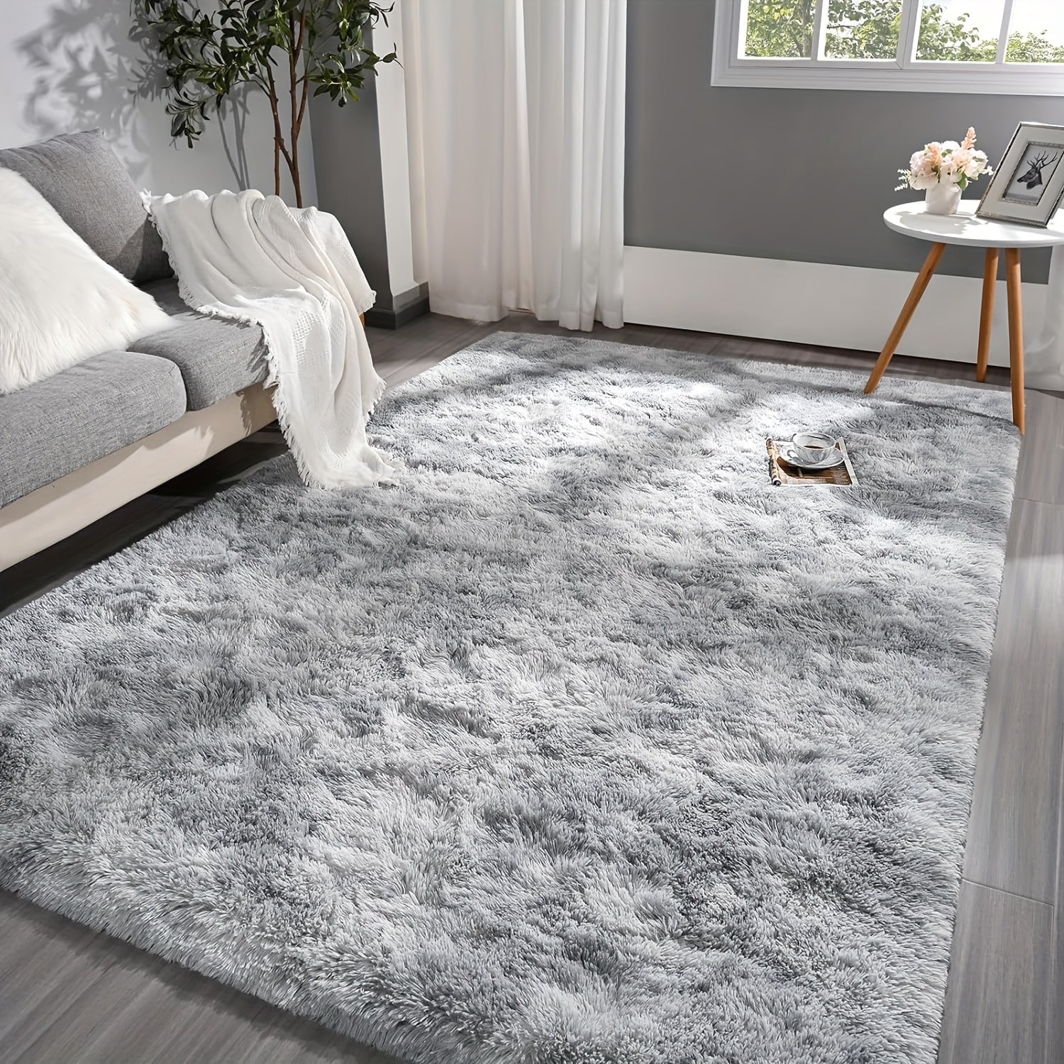 1 ud., Alfombra Larga de Peluche Gris Claro con Estampado Tie-Dye, Tela Mejorada Suave y Acogedora, Alfombrilla Decorativa Moderna Fácil de Limpiar, Esponja Gruesa Duradera y Ligera, Portátil, Adecuada para Dormitorio, Sala de Estar, Área de Ocio, Zona d