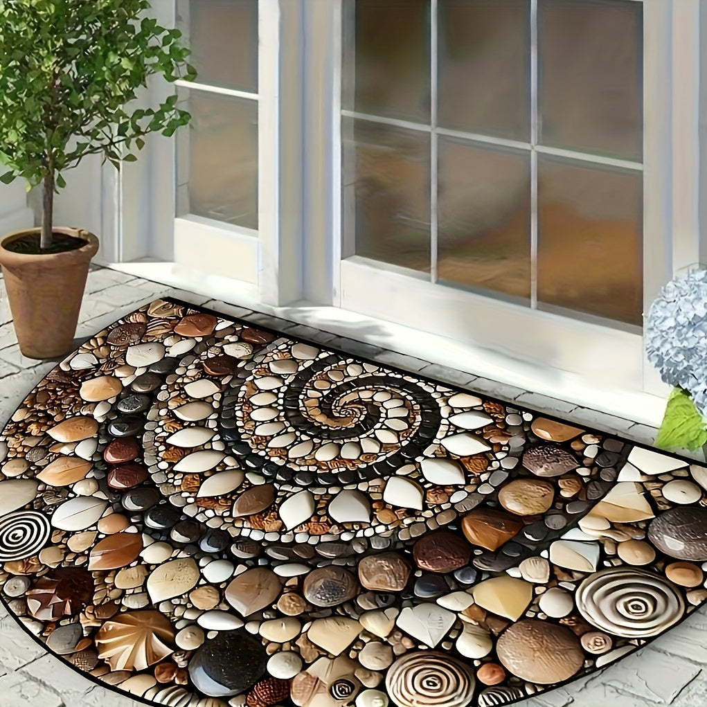 Tapete de bienvenida colorido con diseño de guijarros y flores en 2D, antideslizante, fácil de limpiar, semicircular, para uso en interiores y exteriores, ideal para entrada, cocina, baño, patio o balcón