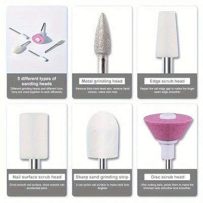 Amoladora de Uñas 5-en-1 con Batería y Cinco Cabezales de Molienda para Manicura y Arte de Uñas DIY