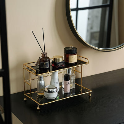 Organizador de baño de doble nivel con textura de mármol, bandeja amplia para cosméticos y cuidado de la piel, detalles dorados, diseño portátil independiente para baño, dormitorio o tocador (sin necesidad de ensamblaje), accesorios para baño