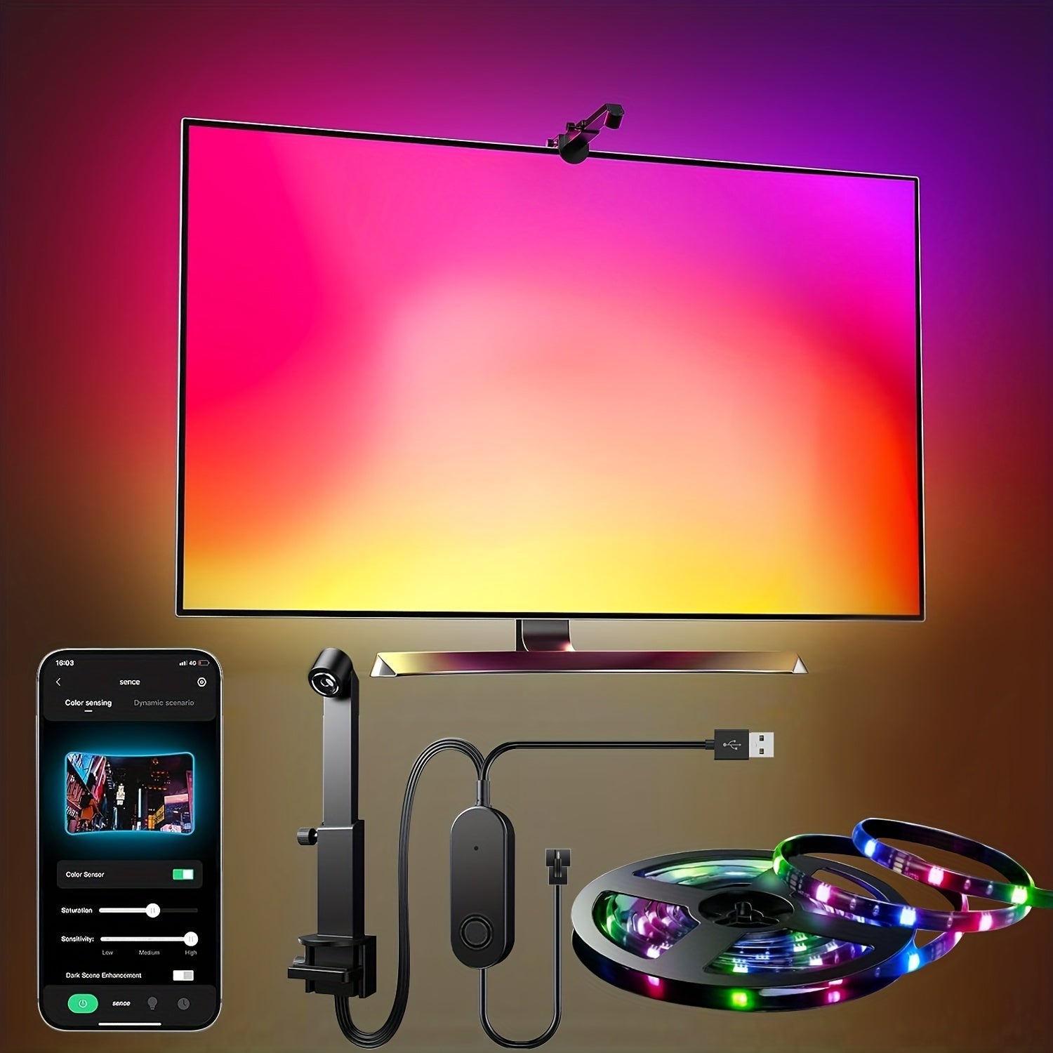 1pc EISSLOLY Tira de iluminación de fondo LED RGBIC con sensor AR, alimentada por USB, controlada por aplicación, inalámbrica, atenuable y de cambio de color, para televisores de 35-80 pulgadas, salas de juego, dormitorios, salas de estar - Sincroniza co