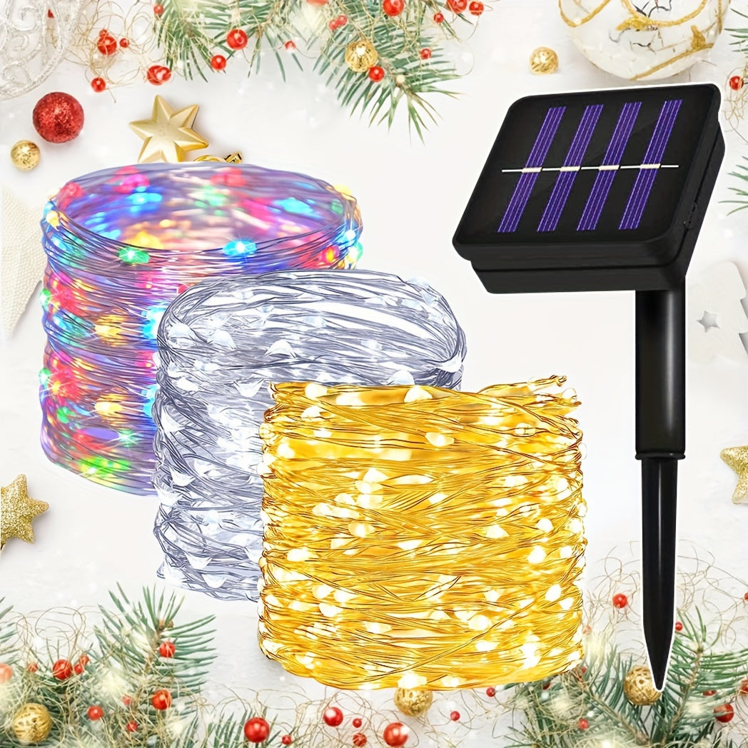 Guirnalda de Luces Solares LED - Impermeable, 8 modos, Luz parpadeante de alambre de cobre blanco/cálido/multicolor - Adecuada para patio, jardín, decoraciones navideñas y de bodas - longitud de 7.0 metros a 32.0 metros, cadena de luces para fiestas | ef