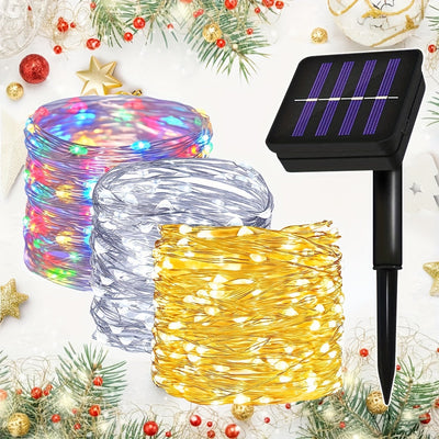 Guirnalda de Luces Solares LED - Impermeable, 8 modos, Luz parpadeante de alambre de cobre blanco/cálido/multicolor - Adecuada para patio, jardín, decoraciones navideñas y de bodas - longitud de 7.0 metros a 32.0 metros, cadena de luces para fiestas | ef
