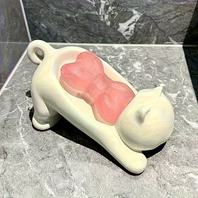 Porta jabón con diseño de gato adorable, color blanco brillante y rosa, plástico resistente, organizador rectangular con drenaje, ideal para baño, incluye espacio para esponja