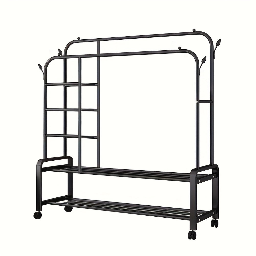 Perchero Metálico Rodante, Colgador de Doble Barra con 4 Ganchos Laterales y Estante Inferior de 2 Niveles, Ideal para Dormitorio u Oficina en Casa, Organizador de Armario Abierto con Ruedas, Secado de Ropa,