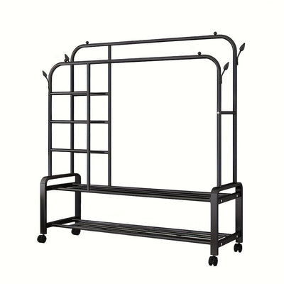 Perchero Metálico Rodante, Colgador de Doble Barra con 4 Ganchos Laterales y Estante Inferior de 2 Niveles, Ideal para Dormitorio u Oficina en Casa, Organizador de Armario Abierto con Ruedas, Secado de Ropa,