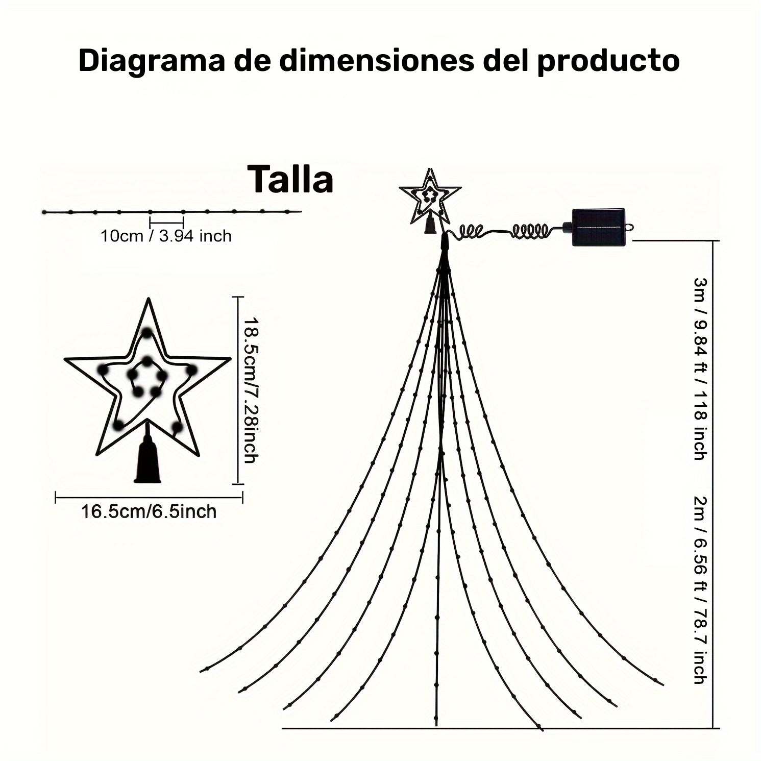 Luces Navideñas Solares para Exteriores de 1 pieza, Cadena de Luces Estrella de Navidad con 280 LED y 9 Hilos de Luz en Cascada para Árbol, 8 Modos, para Jardín, Patio y Decoración Navideña, Multicolor, Blanco Cálido IP54 200LEDs