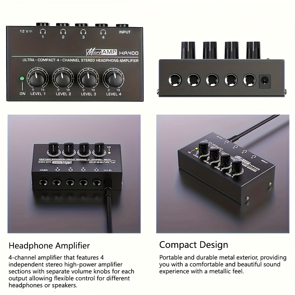 Amplificador Mini HA400 de 4 Canales Ultra Compacto con Entrada de 12V, Ideal para Auriculares y PC, Amplificador Duradero en Color (No Incluye Cable de 12V)