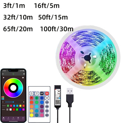 Tira de luces LED RGB de 91.44 cm a 30.48 metros, control remoto y por app, brillo ajustable, modo DIY, alimentación por USB, material ABS, pilas de botón no recargables, para decoración de dormitorio, sala, espejo y TV, luces LED para habitación