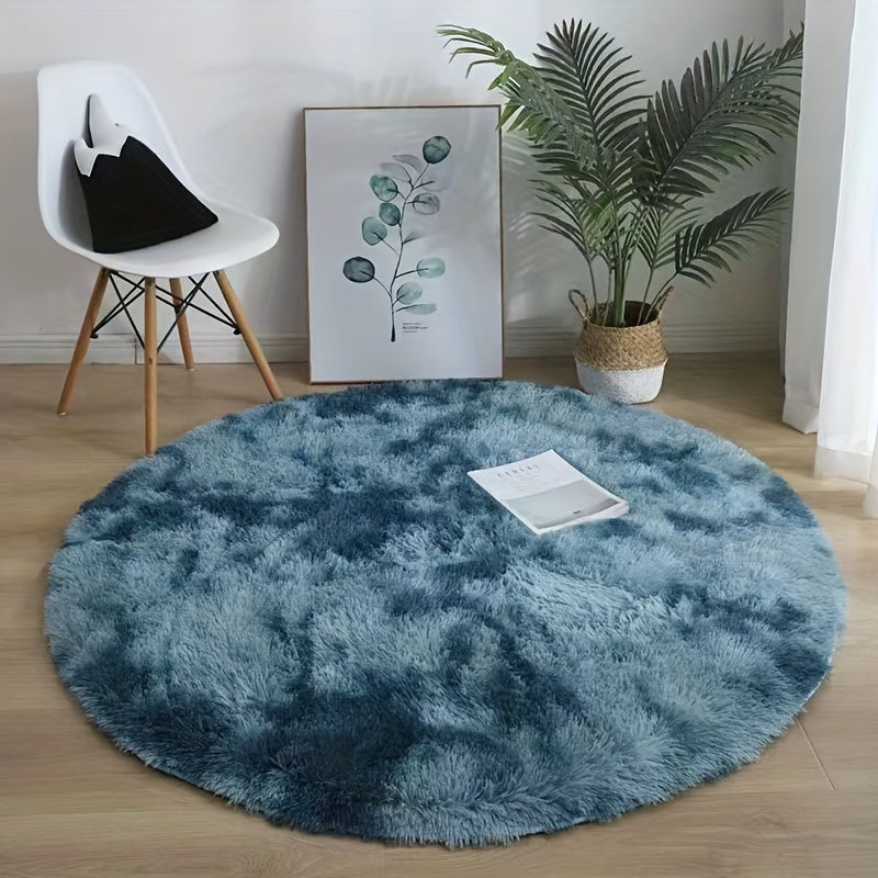 1pc Alfombra Redonda Tie-Dye Shaggy, 3cm de Grosor, Suave y Amigable con la Piel, de Fibra de Poliéster para Sala de Estar y Dormitorio, Solo Lavado a Mano, Alfombra Interior