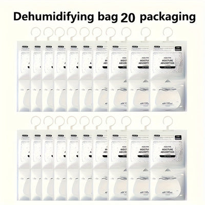 20 unidades Bolsas de Absorbedor de Humedad Colgantes, 56.43oz Desecante - Anti-humedad Armario, Dormitorio y Baño Deshumidificador, Kit de Hogar Eficiente con Gancho Colgante