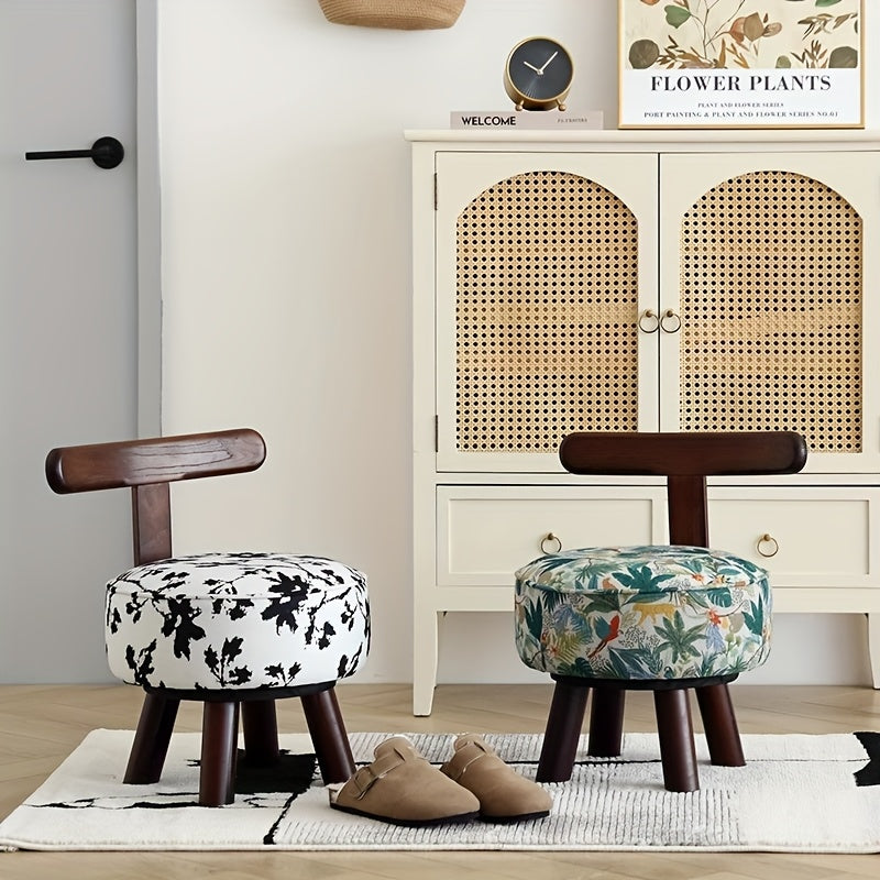 1pc Otomán Giratorio de Madera Dura con Tapizado Floral - Taburete Decorativo Reciclado para Sala, Entrada y Almacenamiento de Zapatos, Diseño Vintage Moderno, Tela Fácil de Limpiar