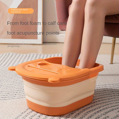 Baño de pies plegable con masajeador incorporado - Gran piscina de relajación, no necesita electricidad, diseño portátil para uso en el baño del hogar y en el spa, accesorio de autocuidado con cubierta interior naranja y cubierta de cojín suave, remojo d