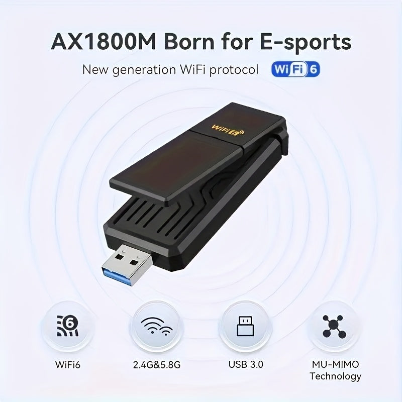 Adaptador de Red Inalámbrica WiFi 6 USB 3.0, Apto para PC y Portátiles, Banda Dual WiFi 5.8G/2.4G con Tecnología de Seguridad Super USB 3.0 & WPA3, 1800Mbps, Antena de Alta Ganancia Doble 5Dbi, Receptor/Transmisor WiFi, Solo Compatible con Windows 10/11