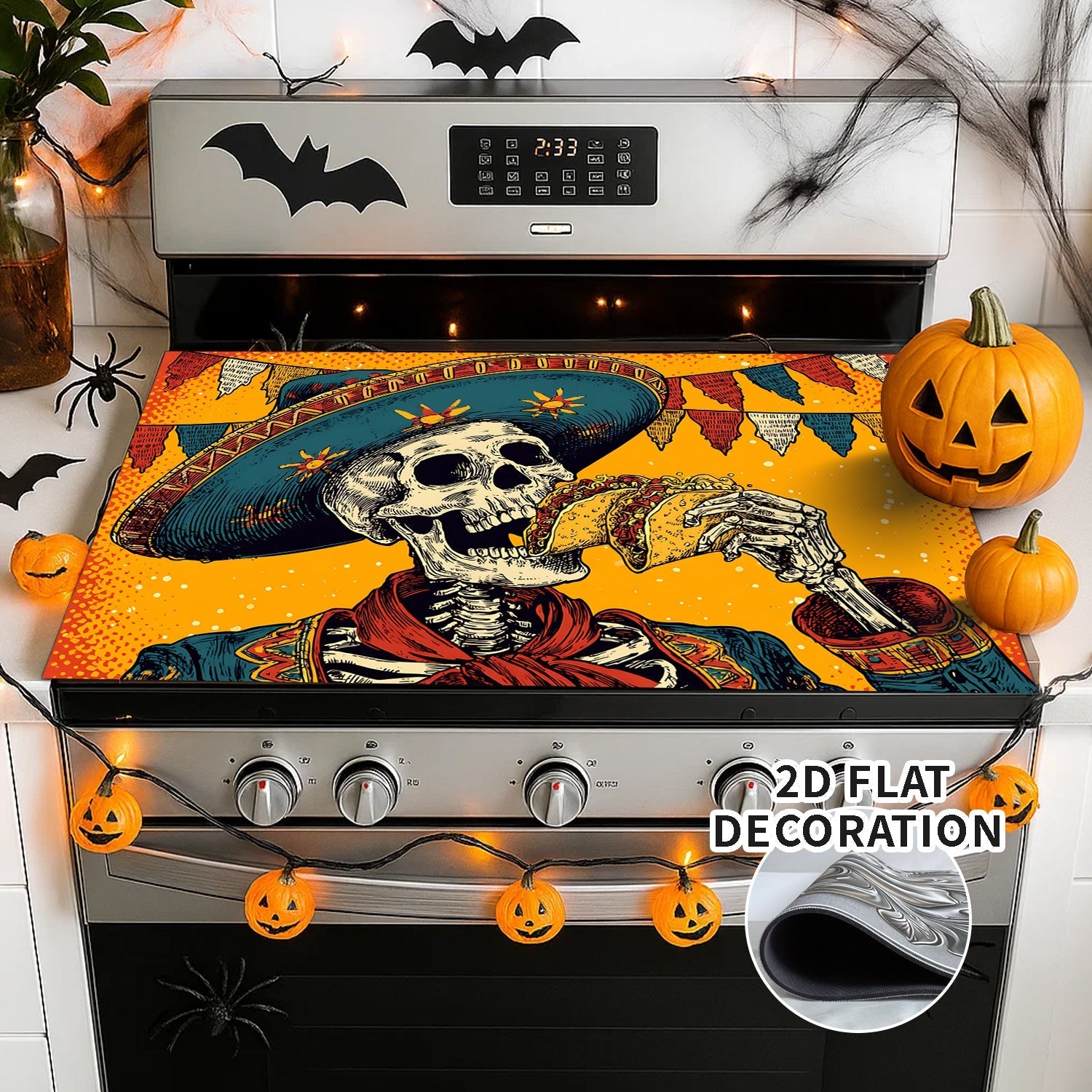 1pc Decoración de Estufa para Halloween - Esqueleto Mexicano, Revestimiento Antideslizante de Goma, Cubierta Plana Fácil de Instalar para Cocinas Eléctricas/Gas - Protector de Electrodomésticos y Decoración Festiva, Pieza Duradera en 2D