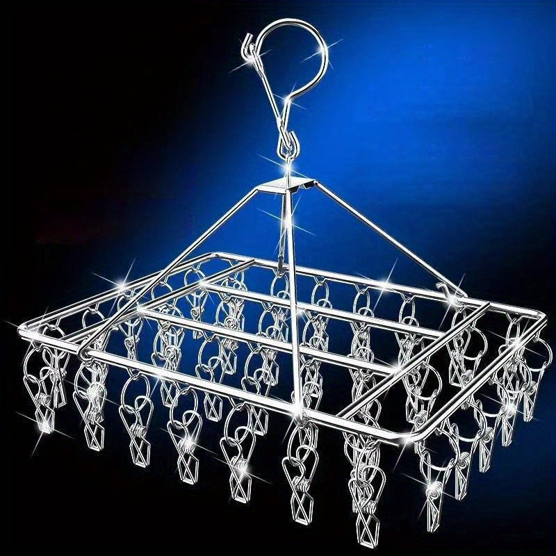 40 piezas de tendedero de acero inoxidable con 20 ganchos estándar - Secador de ropa resistente para interior/exterior, con ganchos giratorios de metal pulido, diseño antiventos, pinzas removibles para ropa y calcetines, tendedero plegable