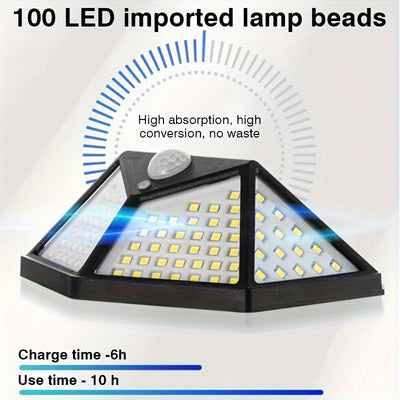 2 Piezas de Lámpara Solar Exterior Súper Brillante, 100 LED, Fuente de Luz Inteligente con Detección Automática en la Oscuridad, Carga Diurna Automática, Iluminación Cuatro Caras, Sensor de Movimiento Incluido, Carga Solar, Instalación Fácil