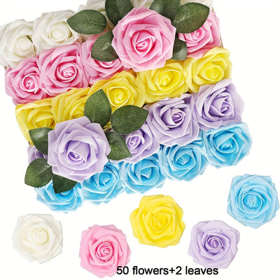 52 piezas de flores artificiales, 50 flores, 2 hojas, rosas falsas de espuma realistas para bodas DIY, ramo de novia blanco, regalo de decoración central, decoraciones de mesa para fiestas.