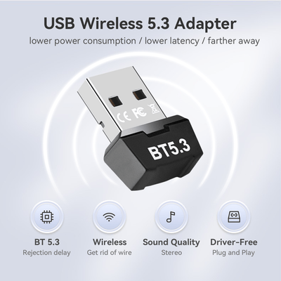 1 x 5.3 Adaptador inalámbrico, sin controlador, receptor y transmisor inalámbrico USB para computadora, soporta la conexión simultánea de 7 dispositivos, memoria automática, reconexión relámpago, adecuado para Windows 11/10/8.1, Plug And Play