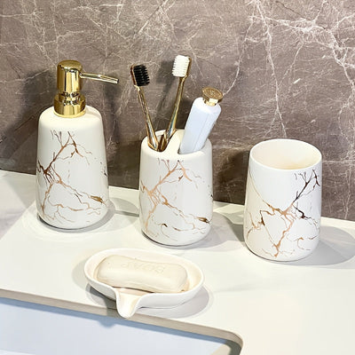 Juego de 4 piezas de cerámica con diseño de mármol para baño, incluye vaso para cepillo de dientes, dispensador de jabón líquido, ideal para hogar, alquiler o hotel