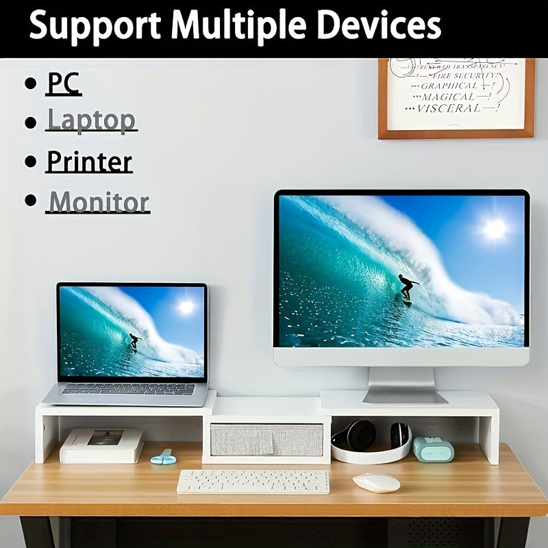 Soporte Ajustable para Doble Monitor con Cajón - Elevador de Escritorio de Madera de 93.98cm para 2 Pantallas, Portátiles y PC - Organizador de Almacenamiento que Ahorra Espacio, Ganchos de Utilidad
