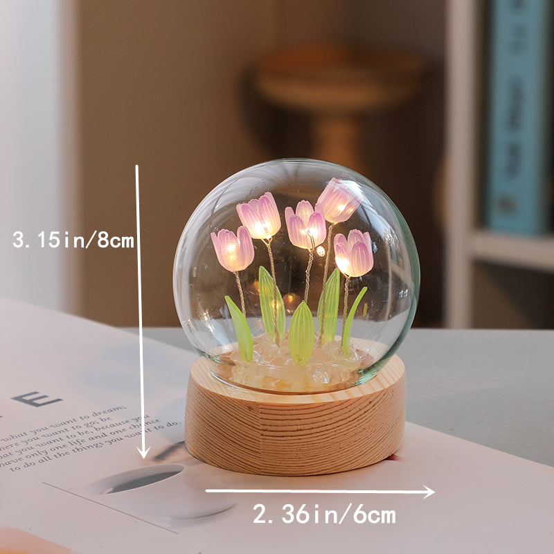 Lámpara nocturna de tulipán en miniatura artesanal: ideal para decoración de habitación, adornos de escritorio y regalos festivos - Funciona con pilas, control de interruptor, pantalla de vidrio, adecuada para varios tipos de habitaciones