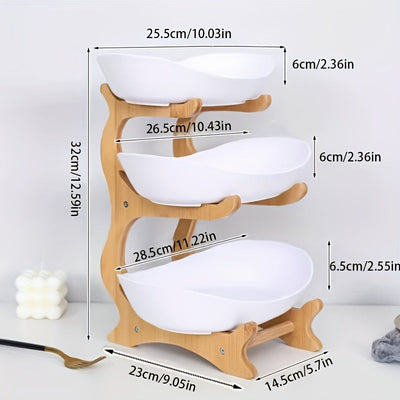 1 plato frutero europeo de 3 niveles con soporte de bambú, bandeja de plástico resistente y seguro para alimentos, organizador de cocina, pieza de servir elegante, acabado natural, ideal para cocina, comedor, fiestas y decoración del hogar