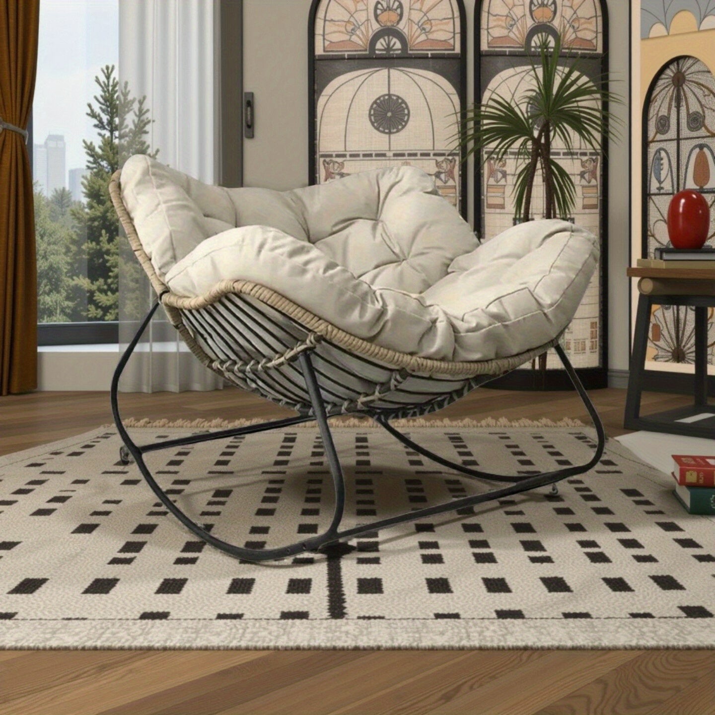 Mecedora de Hierro Forjado Vintage con Cojín Tejido a Mano, Adecuada para Todas las Estaciones, Silla Decorativa de Estilo Rústico Americano para Sala, Balcón o Patio