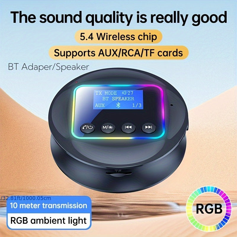 Adaptador de Altavoz sin varillas 5.4 con Pantalla Digital, Soporte para Tarjeta AUX/RCA/TF, Rango de 10m, Luz Ambiente RGB, Sonido Hi-Fi para Uso en Casa y Coche - Diseño Redondo , Alimentado por USB, Mejora del Audio Doméstico | Accesorio de Audio Mode