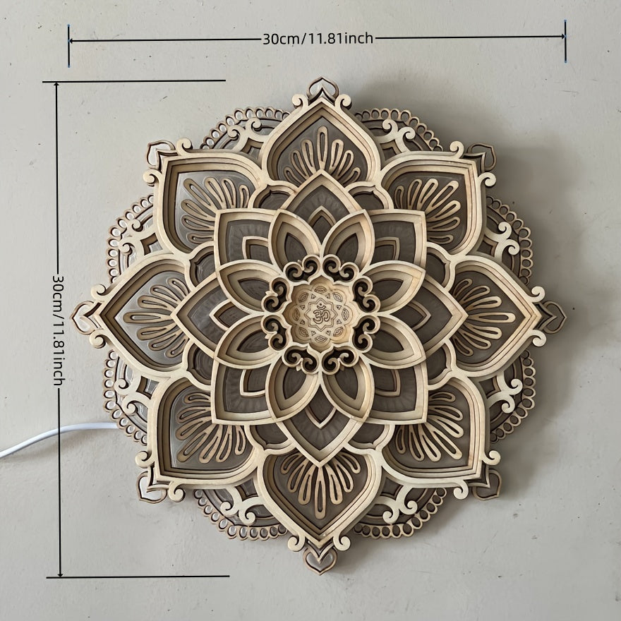 1 pieza de Luz Nocturna Mandala Intrincada - LED Iluminado, Diseño de Loto de Madera Multicapa - Ambiente Sereno para Yoga, Salas de Estar y Dormitorios.