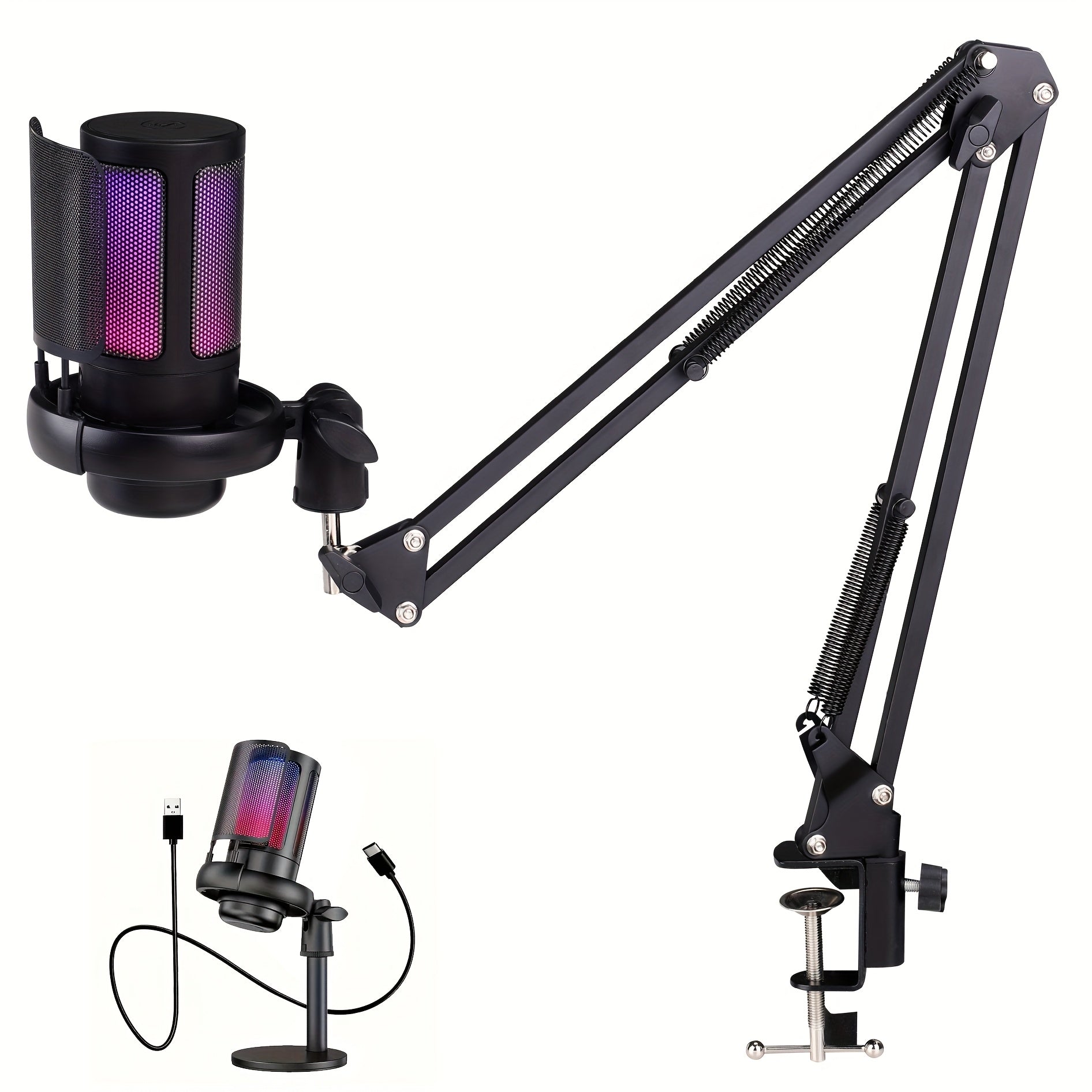 Micrófono condensador USB con iluminación RGB, portátil, brazo ajustable para gaming, streaming y grabación, incluye filtro antipop, color negro, micrófono para juegos, micrófono de brazo ajustable, construcción duradera