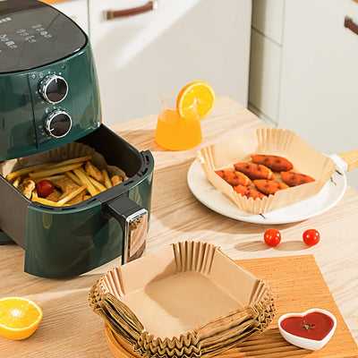 2 estantes cuadrados de acero inoxidable, 1 pinza resistente al calor y 50 hojas de papel pergamino para freidora con aire. Accesorio ideal para cocinar saludable en freidoras aéreas, compatible con varios modelos, perfecto para hornear y deshidratar, fá