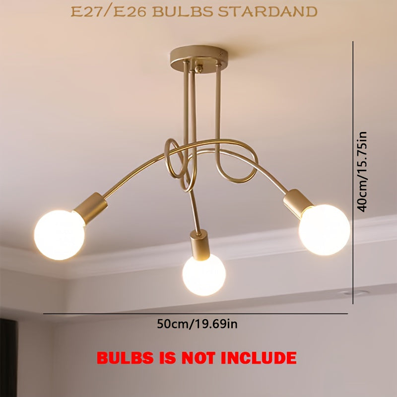 1 pieza de luz de techo dorada, luz de techo de tubo curvado de tres cabezas, adecuada para sala de estar, dormitorio, estudio, cocina, oficina, hotel (base de bombilla E26 - bombilla no incluida)
