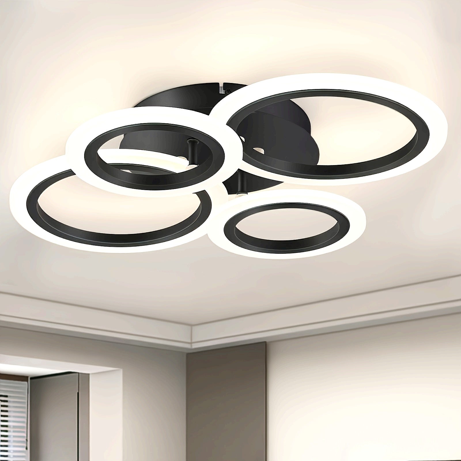 1 pza. lámpara de techo moderna con 4 anillos LED, luz cálida, acabado metálico, brazos ajustables, ideal para cocina, dormitorio, sala, lavandería, incluye hardware de instalación, solución de iluminación moderna, lámpara de techo elegante, luz con braz
