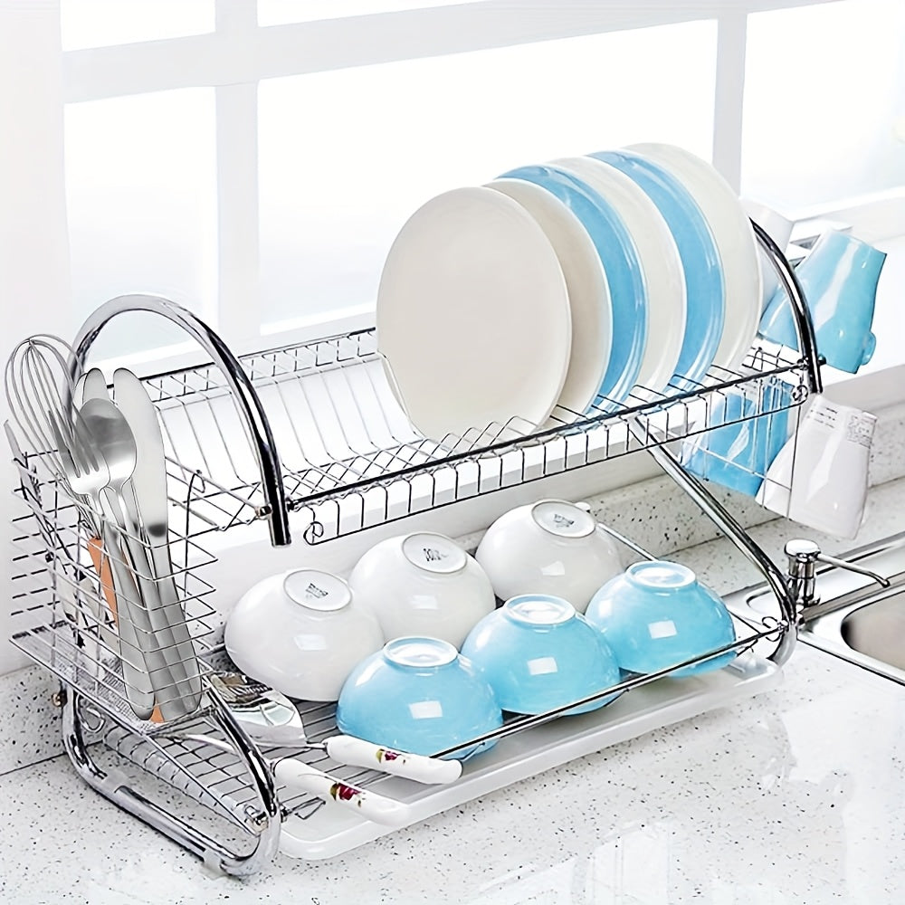Estante de platos de acero inoxidable en forma de S de dos niveles - Organizador de cocina de encimera que ahorra espacio para platos y tazones, fácil de ensamblar, estructura de hierro duradera, solución de almacenamiento de cocina | Estante metálico el