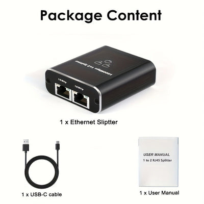 Divisor de red RJ45 de 1000M - 1 a 2 enchufes, conmutador de red portátil para dormitorios y hogares, extensor de cable de red Gigabit, alimentado por USB, no necesita batería, compatible con Windows y Mac, gestión de red | Acabado negro elegante | Diseñ