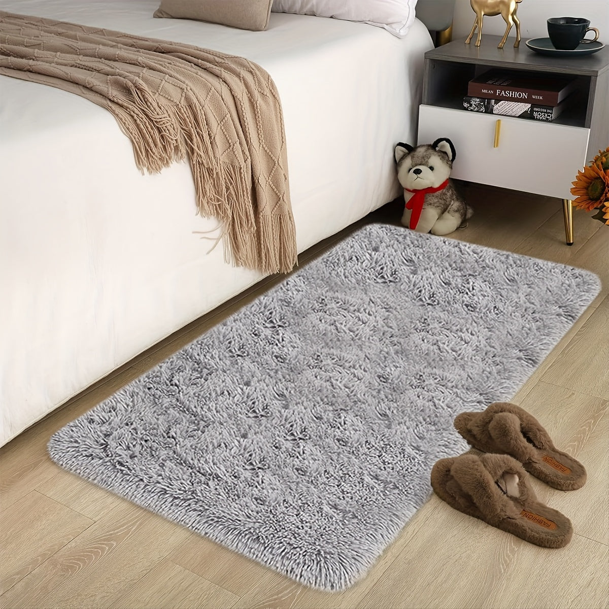 1pc Alfombra de Área Rectangular CozyHome de Pelusa, Color Sólido de Poliéster Tejido, Pila Larga de Pelo Falso Suave, Decoración para el Hogar Resistente y Amigable con la Piel, Fácil de Cuidar Limpieza en Seco, para Sala de Estar Dormitorio Alfombra de