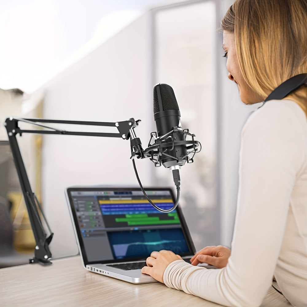 Kit de Micrófono de Condensador USB Profesional con Soporte de Brazo Metálico en Forma de Corazón – Plug & Play, Brazo Giratorio de 360°, Protección contra Rocío y Accesorios para Podcasting, Gaming y Grabación en Vivo, Kit de Micrófono para Podcasting|S