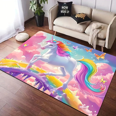 1pc Alfombra de Área de Unicornio Whimsy Woods, 8mm de Grosor, Alfombra de Poliéster con Dibujo de Caballo Fantasía para Dormitorio, Sala de Estar, Entrada - Alfombra Rectangular Lavable a Máquina para Decoración Interior, Alfombras para Sala de Estar, P