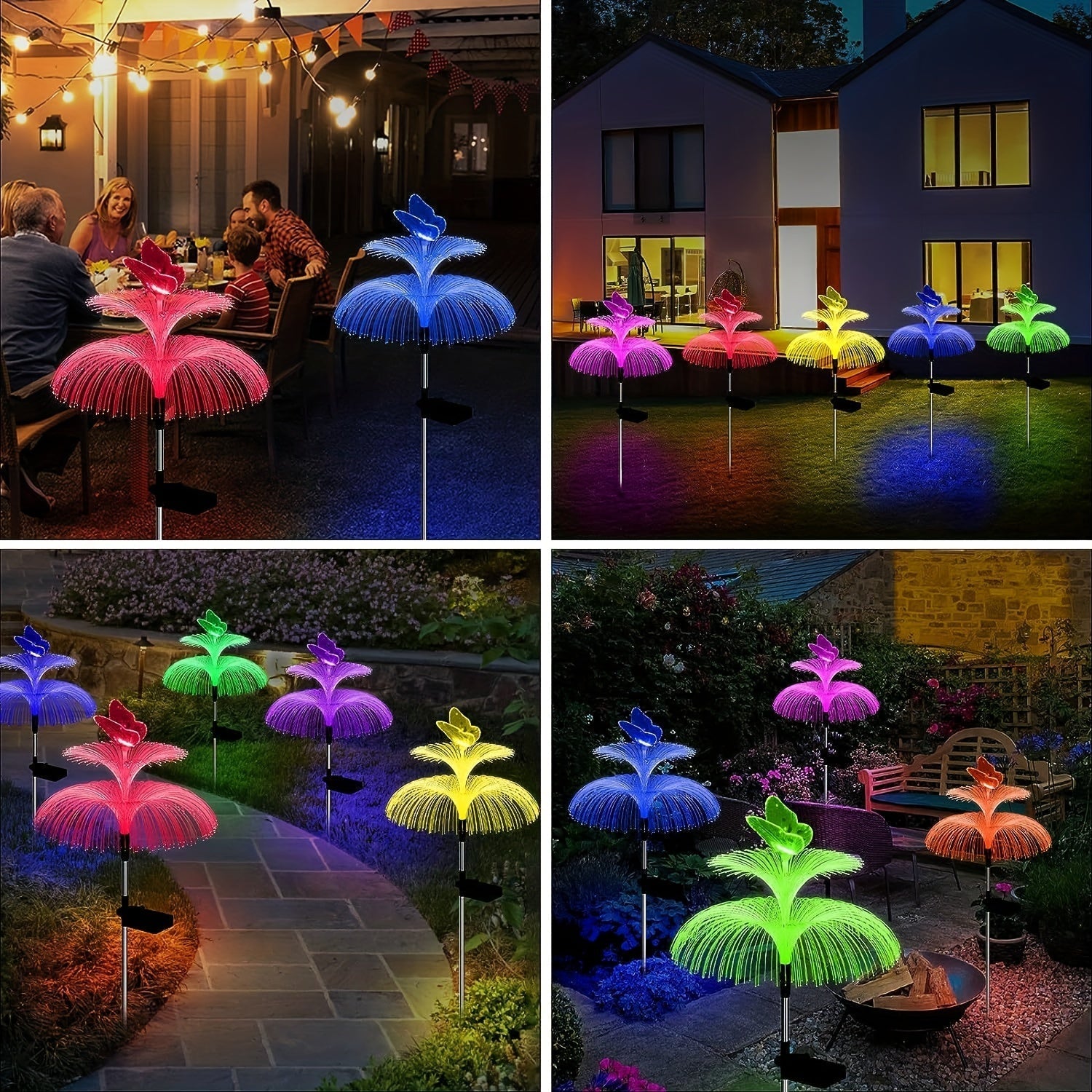 Juego de 2 luces solares para jardín, luces decorativas solares para exteriores con 7 colores, diseño de medusa y mariposa de doble capa, ideales para decoración de Navidad, piscina, patio y jardín