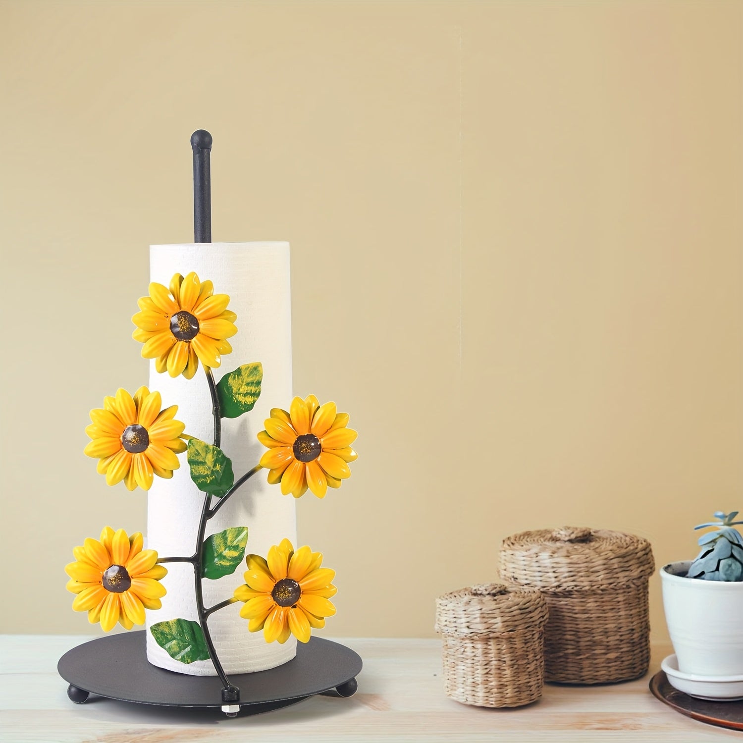 1pc Soporte para Toallas de Papel de Girasol de Hierro - Estante Decorativo de Almacenamiento para Encimera de Cocina con Detalles de Mariposas, Base Negra para Decoración de Hogar Elegante, Perchero para Toallas de Cocina