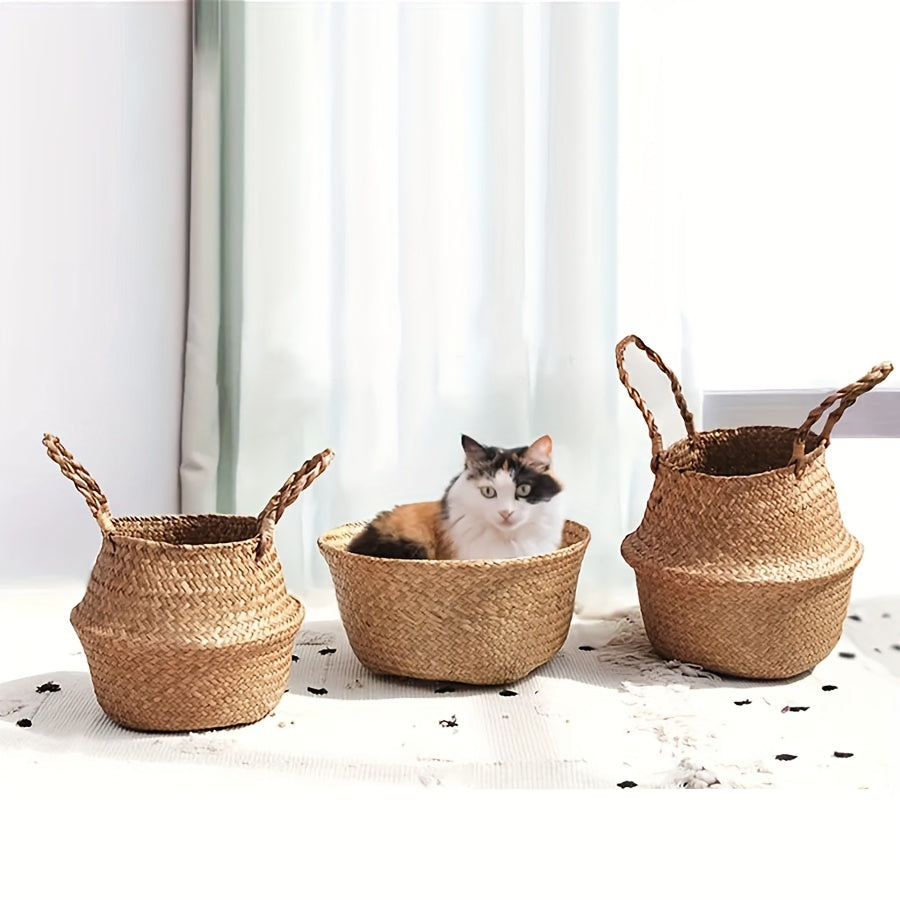 Cesta de almacenamiento rústica de fibra de palma, parte superior abierta, vista de ventana, material de tela, estilo vintage, para plantas, ropa, picnic, víveres, organizador para el hogar y la cocina