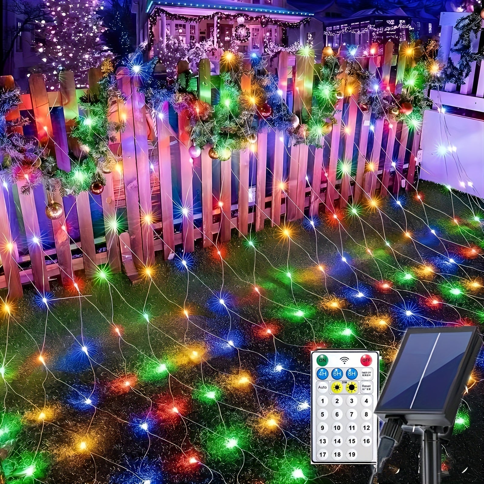 2 piezas de luces solares JXFYD con malla, 19 modos y control remoto, color amarillo cálido, luces de cadena para exteriores, decoración de jardín, Navidad, Halloween, bodas, Año Nuevo, plástico duradero, energía solar y batería recargable, luces solares