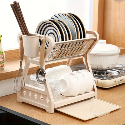 Estante de platos de cocina con soporte para utensilios, soporte para tablas de cortar y almacenamiento de tazas, adecuado para platos, tazones y herramientas de cocina, organización y exhibición de cocina para cuatro estaciones.