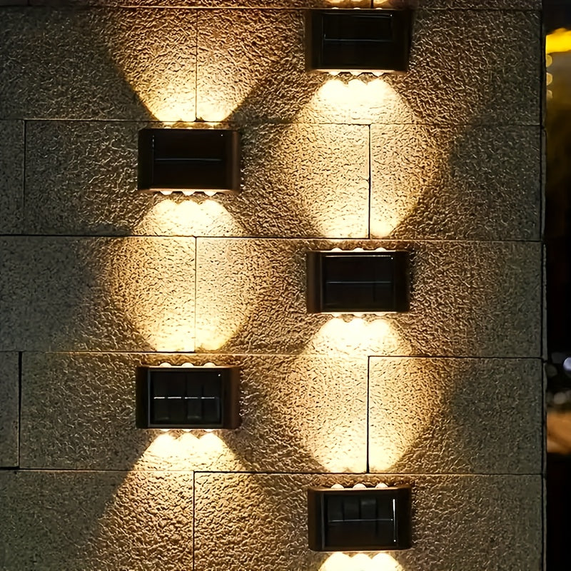 2 pzas. luces solares para pared exterior, luces de pared con doble cabezal, iluminación hacia arriba y abajo, 6 luces LED solares para jardín, calle o paisaje, decorativas, ideales para jardín, patio y balcón, con batería recargable de níquel, capacidad