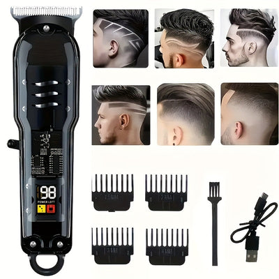 Cortadora de cabello eléctrica profesional con pantalla digital - Carga USB, 4 hojas intercambiables, mango ergonómico, herramienta de corte y estilizado de precisión para hombres, diseño azul elegante, regalo ideal, tijeras ergonómicas